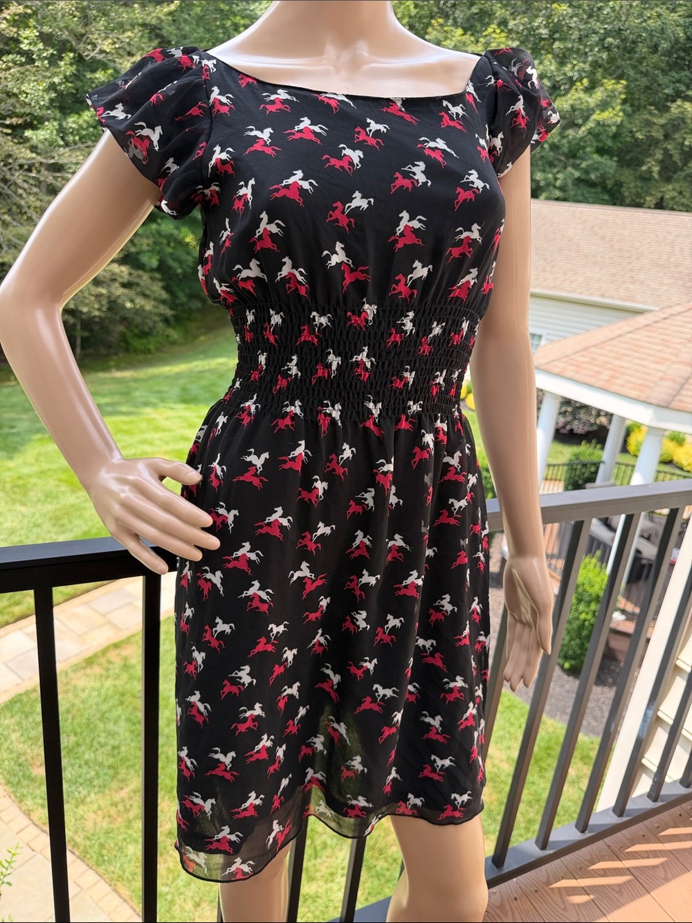 Pussycat London Black Mini Dress with Red & White Horse Print